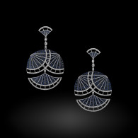 CARNET-Nouveau Fan Earrings, white diamonds, black diamonds, 18K white gold, platinium