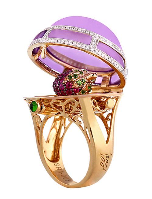 FABERGE- gold locket ring-purple jade-rhodolite garnet-white topaz-chrome diopside