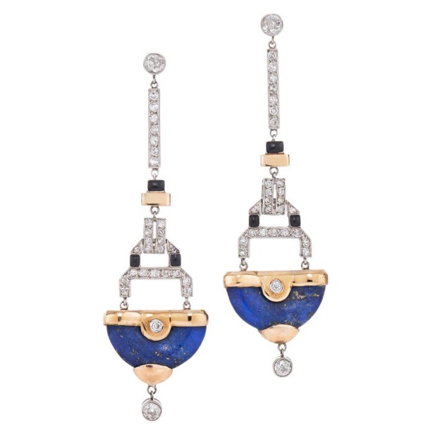FRED LEIGHTON-Art-Deco-Lapis-Lazuli-Diamond-Gold-Platinum-Pendant-Earrings