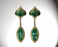 HINGO HENN-Earclips-green tourmalines-diamonds-hand engraved-enamelled