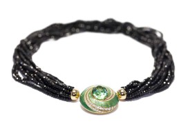HINGO HENN-Necklace-black spinel beads-tourmaline pendant-enamel-diamonds