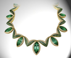 HINGO HENN-Necklace-yellow gold-green tourmalines-diamonds- hand engraved-enamelled