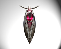 HINGO HENN-Pendant Brooch-18K white gold-rubellite-diamonds-hand engraved-enamelled