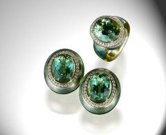 HINGO HENN-Ring and earring-green tourmalines-diamonds-hand engraved-enamelled