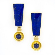 JEFF & SUSAN WISE-Exclamation Earrings-Lapis Lazuli-Blue Sapphire Cabochons-Gold