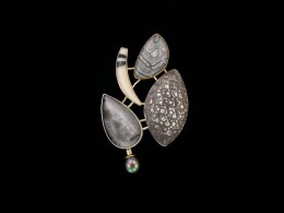 JEFF & SUSAN WISE-Pin-22k Gold-Sterling Silver-Brookite-Lace Agate-Black Baroque Tahitian Pearl-Black Jade-Bamboo Coral