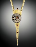 JEFF & SUSAN WISE-necklace Astronomical Indicator-yellow gold-Montana agate-rubies