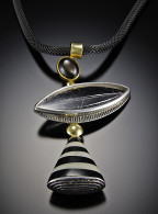 JEFF & SUSAN WISE-nekclace-Munsteiner cut tourmalinated quartz-black jade-white coral