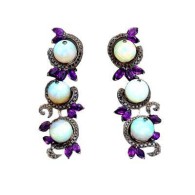 KATHERINE JETTER-Creeping vine Earrings-White Opal-White Gold-Black Diamonds-Amethyst