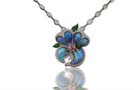 KATHERINE JETTER-Pink diamond poison berry pendant-Blue Opal petals-Fancy Pink Diamond center stone-white diamond-Tsavorite Garnet