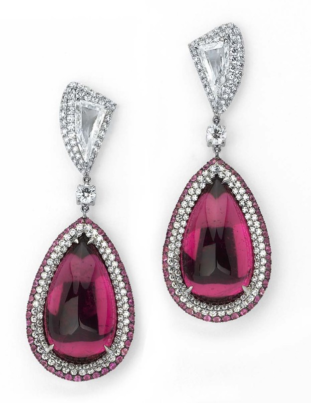 MARTIN KATZ-Cabochon rubellite-diamond-earrings-white gold-sapphires