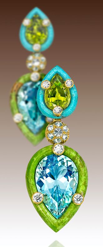 NICOLAS VARNET-2013-Duo earrings-aquamarines-gaspeite-peridots-turquoise-yellow gold-diamonds.