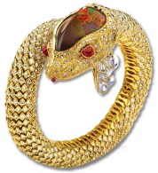 NICOLAS VARNET-Snake Cuff Bracelet-Gold-Cognac diamonds-Colorless Diamond-Fire Opal-Ruby Cabochon