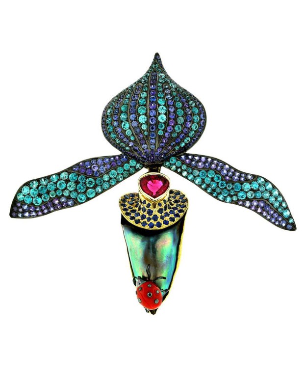 PAULA CREVOSHAY-pendant Pink Lady-abalone-tsavorite-spinel-ruby-opal