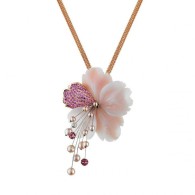 RODNEY RAYNER- Carved Flower pendant in pink opal, sapphires, pearls and diamonds by Rodney Rayner