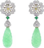 VAN ClEEF & ARPELS-Peau d'Âne collection Enchanted Forest-drop earrings-diamond flower motif-emerald cabochons-carved chrysophrase.