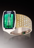 Verde ring 10.34 ct Stephen Avery meridian cut green tourmaline & 1.40 ctw canary and white diamonds set in gradient Spectra gold. ADAM NEELEY