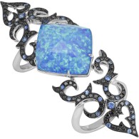WEBSTER STEPHEN-Belle Epoque collection crystal haze long finger ring-white gold-black opal-quartz-blue sapphires-black diamonds