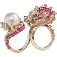 WEBSTER STEPHEN-Couture Voyage collection-China girl dragon ring-rose gold-south sea pink pearl,-rubies-white diamonds