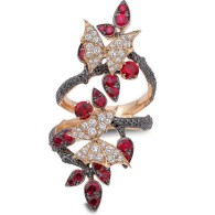 WEBSTER STEPHEN-Flight  by Night collection-forest long finger ring-rose gold-rubies-black-white diamonds