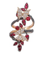 WEBSTER STEPHEN-Fly By Night' Couture long finger ring-rose gold-rubies-black diamonds-white diamonds