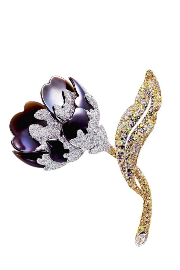 WEN Chara- Peony brooch-black obsidian-yellow diamonds-white diamonds-green tourmaline-ruby
