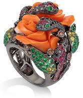 WENDY YUE-Coral Rose Snake Ring-rubies-brown diamonds-black diamonds-sapphires-tsavorites-gold.