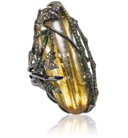 WENDY YUE-White Gold Ring-rutilated Quartz-Brown Diamond- white diamond-Yellow Sapphire-Tsavorite