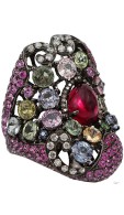 WENDY YUE-White diamonds-cognac Diamonds-Ring-Rhodolite Garnet-tsavorite-pink sapphires-blue sapphires