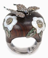 WENDY YUE- wood and mother-of-pearl ring with white and brown diamonds and colored sapphires