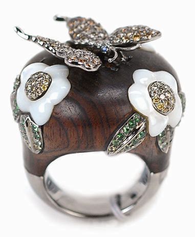 WENDY YUE-wood-mother of pear-ring-white diamonds-brown diamonds-colored sapphires