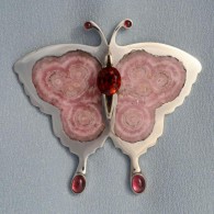 WESLEY HARRIS-Brooch-Rhodochrosite butterfly-sterling silver-pure silver-citrine-garnets