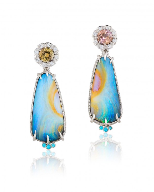 LINDSAY JANE Earrings - drops of Boulder opals accented with Zoisitesn diamonds, paraiba tourmalines