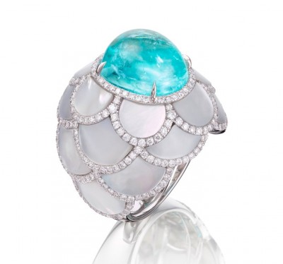 #ADLER #Bague Shinsei #or blanc #nacre #tourmaline Paraiba #Diamants #Mother of pearl #diamond #2021