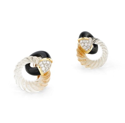 #BOUCHEREON #Clips d'oreille #CristalDeRoche #onyx #diamants #RockCrystal #Onyx #Diamond #Eearclips