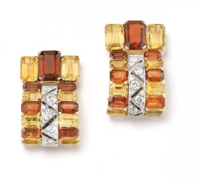 #CARTIER #A Pair of Citrine, Diamond, Gold and Platinum Clip Brooches