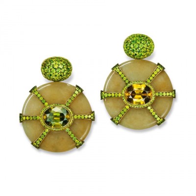 HEMMERLE-Jade disc earrings, featuring demantoides, sphenes, brass and gold.