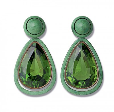 HEMMERLE-Peridot, green patinated copper and white gold earrings.