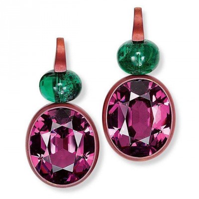 HEMMERLE-earrings-rhodolites-emeralds-copper-white gold