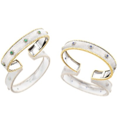 #MARIO BUCCELLATI #Pair of White Gold and YELLOW Gold, Emerald and Sapphire Cuff Bangle #emeraude #Saphir #bracelet