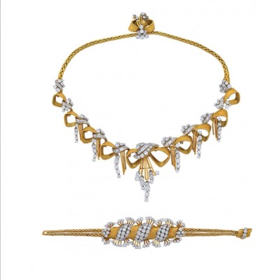 #MAUBOUSSIN #Retro #18K Gold #Diamond #Ribbon Motif #Necklace #Bracelet #circa 1950 #Diamant