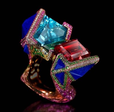 #WALLACE CHAN #Ring #aquamarine #tourmalines #lapis lazuli #tsavorite garnet #pink sapphires #Bague #Aigue Marine #Grenat vert tsavorite #saphirs roses