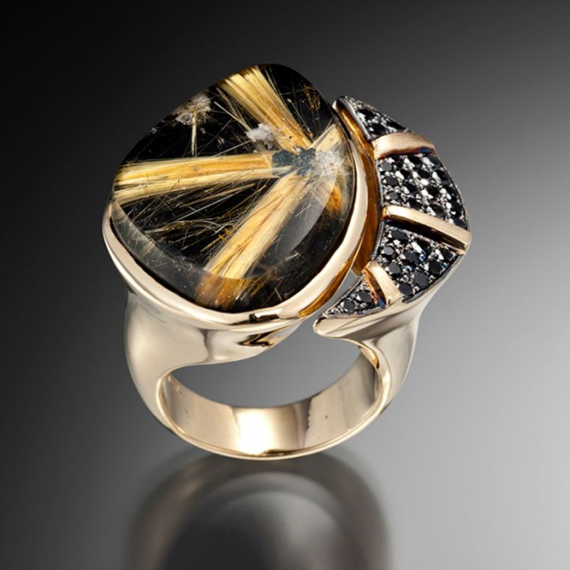 Adam NEELEY-Bague Evening Star-quartz rutile-onyx noir- diamants noirs