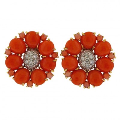 #SEAMAN CHEPPS #Coral #Diamond #Gold #Flower Earrings #Corail #Diamant #Boucles d'oreilles