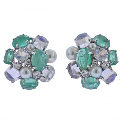 #SEAMAN CHEPPS #Emerald #Moonstone #Diamond #Pearl #Gold #Earrings meraude #Diamant #Perle #Boucles d'oreilles