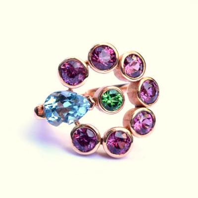 #TIBER #MARIE CAROLINE LAGACHE #Ring #pink gold #aquamarine #diamonds #Bague #or rose #tsavorite #aigue-marine #rhodolite #diamants