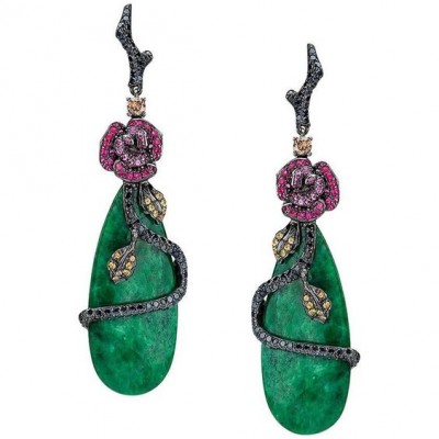 #WENDY YUE #18 karat blackened gold #Jade #Earrings #Pink sapphire #Magenta Sapphire #brown diamond #black diamond