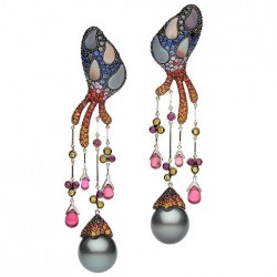 AUTORE-Boucle d'oreille collection Fire and Ice-perles diamants-saphirs-tourmaline-opale noire