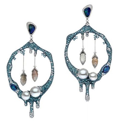 AUTORE-collection Fire & Ice Antarctica- boucle d'oreille-labradorite-opale noire-tourmaline paraiba-diamants