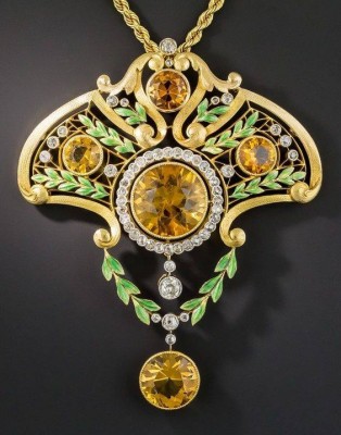#Art Nouveau #Gold #Enamel #Citrine #Diamond #LavalliereNecklace